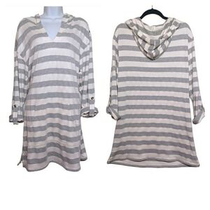 BEACH BREAK Gray White Stripe Print Hoodie Cover Up Dress Large NWT